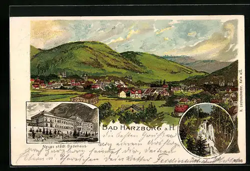 Künstler-AK Bad Harzburg a. H, Totalansicht mit Neuem städt. Badehaus