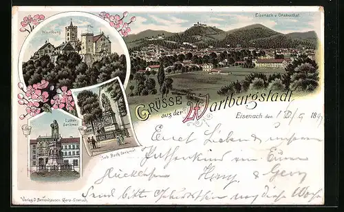 Lithographie Eisenach, Wartburg und Luther-Denkmal