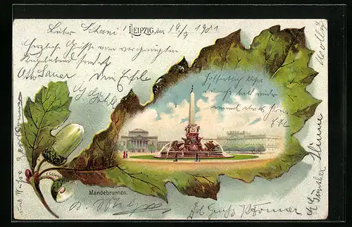Künstler-AK Leipzig, Mendebrunnen und Eichenlaub