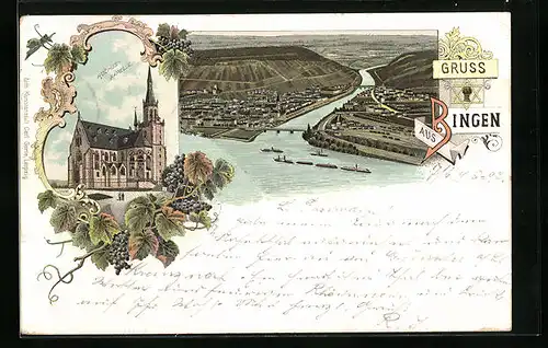 Lithographie Bingen, Gesamtansicht aus der Vogelschau, Rochuskapelle