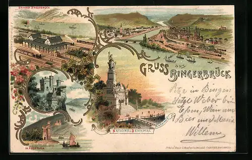 Lithographie Bingerbrück, Nationaldenkmal, Mauseturm, Rheinstein, Bahnhof