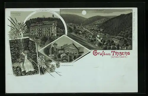 Mondschein-Lithographie Triberg /Schwarzwald, Schwarzwald Hotel, Wasserfall, Gewerbehalle