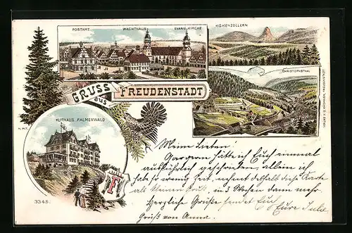 Lithographie Freudenstadt, Postamt, Wachthaus, Evang. Kirche, Kurhaus Palmenwald