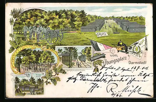 Lithographie Darmstadt, Truppenübungsplatz mit Dampfstrassenbahn, Parolehütte