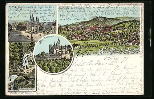 Vorläufer-Lithographie Wernigerode, 1895, Schlossansicht, Rathaus, Steinerne Renne, Totalansicht
