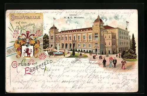 Lithographie Elberfeld, Stadthalle auf dem Johannisberg von H. & C. Wienecke, Wappen
