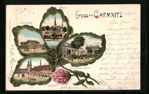 Passepartout-Lithographie Chemnitz, Zentralbahnhof, Schlossteich, Hauptmarkt, Kleeblatt