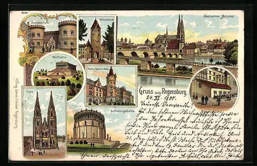 Lithographie Regensburg, Jakobsthor, Walhalla, Ostenthor, Befreiungshalle, Dom