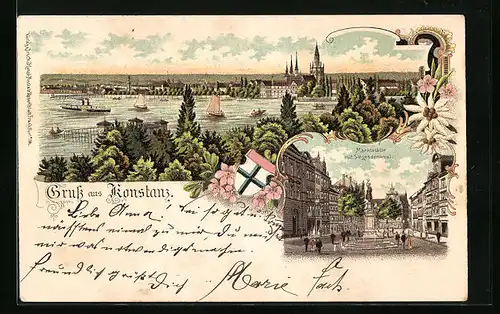Lithographie Konstanz, Hafenpartie mit Dampfer, Marktstätte mit Siegesdenkmal
