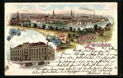 Lithographie Zwickau i. Sa., Totalansicht aus der Vogelschau