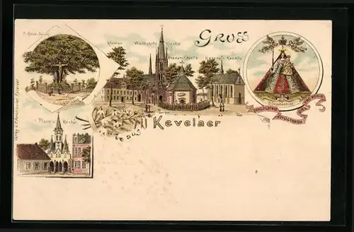Lithographie Kevelaer, D. Kreuz-Baum, Wallfahrtskirche, Gnadenbild