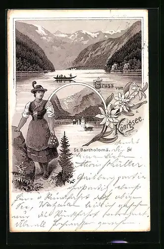 Lithographie Königsee b. St. Bartholomä, Gebirgspanorama mit Wanderin in Tracht