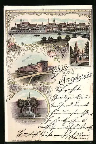 Lithographie Ingolstadt, Friedenskaserne, Kriegerdenkmal, Kreuzthor, Panorama