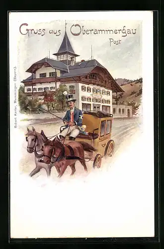 Lithographie Oberammergau, Postkutsche vor dem Postgebäude