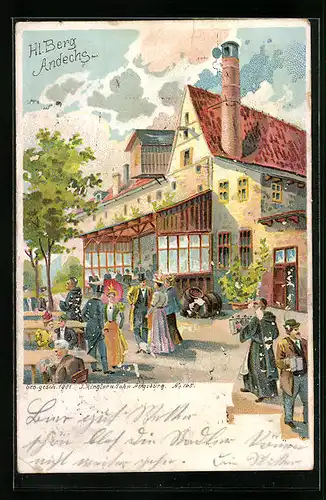 Lithographie Andechs, Gasthaus Hl. berg mit Kundschaft