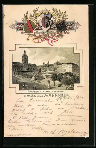 Passepartout-Lithographie Mannheim, Paradeplatz mit Kaufhaus und Wappen