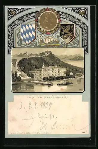 Passepartout-Lithographie Leoni /Starnbergersee, Ortsansicht mit Dampfschiff und Wappen