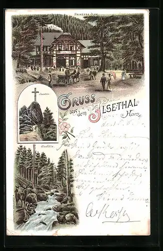 Lithographie Ilsenburg, Ilsethal mit Ilsestein, Ilsefälle und Gasthaus Prinzess Ilse