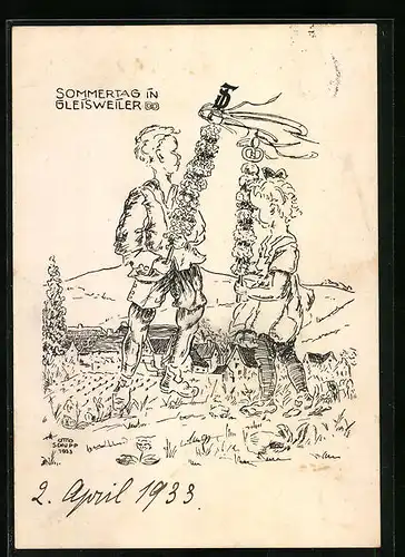 AK Gleisweiler, Junge und Mädchen mit Blumenschmuck