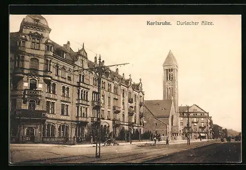 AK Karlsruhe, Durlacher Allee mit Kirche