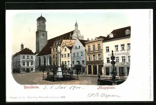 AK Weilheim, Hauptplatz mit Geschäft, Denkmal und Brunnen