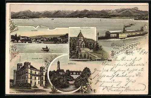 Lithographie Tutzing, Teilansicht, Starnberger See mit Dampfer Bavaria, Schloss Berg