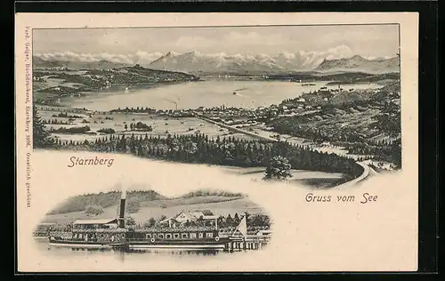 AK Starnberg, Starnberger See, Uferpartie mit Dampfer