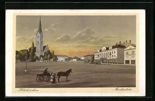 AK Holzkirchen, Marktplatz mit Kirche und Pferdewagen