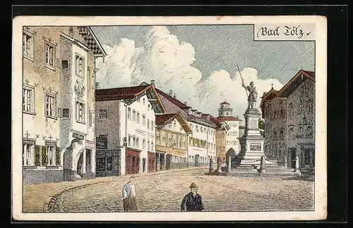 Künstler-AK Bad Tölz, Strassenpartie mit Geschäften und Denkmal