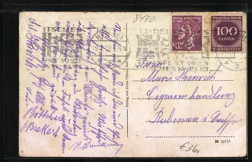 Künstler-AK Bad Tölz, Strassenpartie mit Geschäften und Denkmal