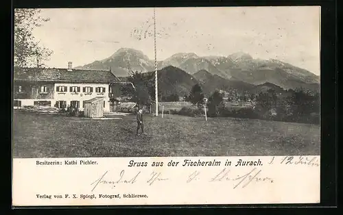 AK Fischeralm in Aurach, Ortspartie mit Bergen
