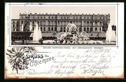 Lithographie Herrenchiemsee, Schloss Herrenchiemsee mit Sprigbrunnen