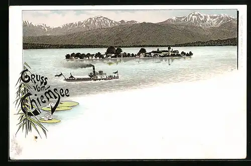 Lithographie Chiemsee, Teilansicht mit Dampfer