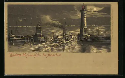 Lithographie Lindau, Hafeneinfahrt mit Leuchtturm und Dampfer bei Mondschein