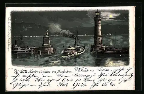 Lithographie Lindau, Hafeneinfahrt mit Leuchtturm und Dampfer bei Mondschein