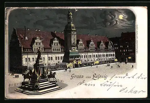 Lithographie Leipzig, Rathaus und Siegesdenkmal mit Mondschein