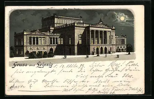 Lithographie Leipzig, Das neue Theater bei Mondschein