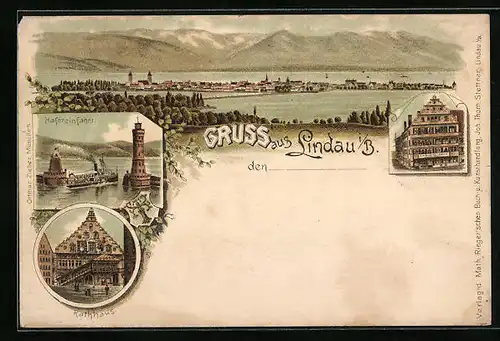 Lithographie Lindau i /B., Geschäft, Rathaus, Hafeneinfahrt mit Leuchtturm und Dampfer