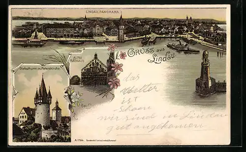 Lithographie Lindau, Panorama, Altes Rathaus, Diebsturm mit Peterskirche