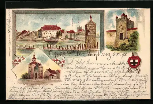 Lithographie Konstanz, Concilgebäude mit Münster, 14. Jahrh. Schultentor 1839, 1452 Kreuzlinger Tor 1855