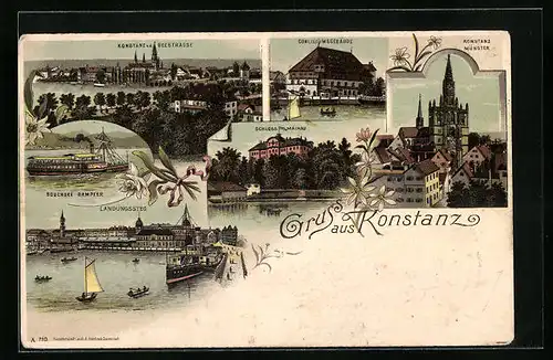 Lithographie Konstanz, Conciliumsgebäude, Schloss Mainau, Bodenseedampfer