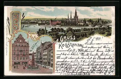 Lithographie Konstanz, Strassenpartie mit Zigarrengeschäft und Brunnen, Teilansicht