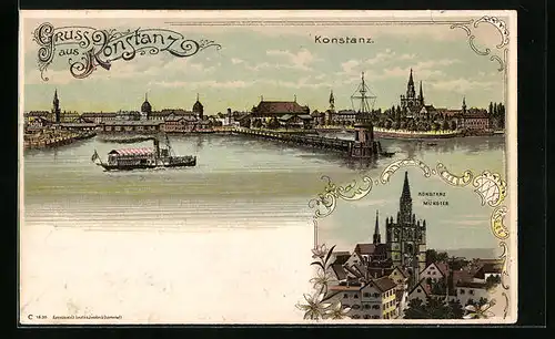 Lithographie Konstanz, Teilansicht mit Dampfer, Münster
