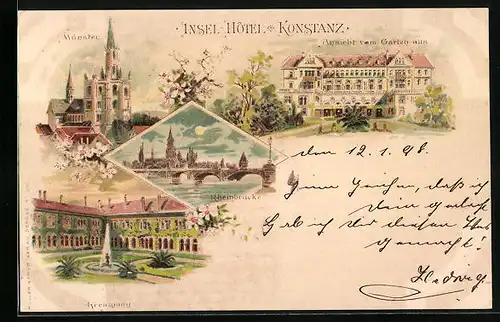 Lithographie Konstanz, Insel-Hotel Ansicht vom Garten aus, Münster, Kreuzgang