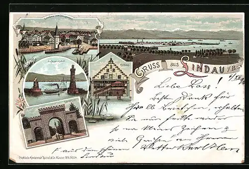 Lithographie Lindau i. B., Rathaus, Hafeneinfahrt, Landtor