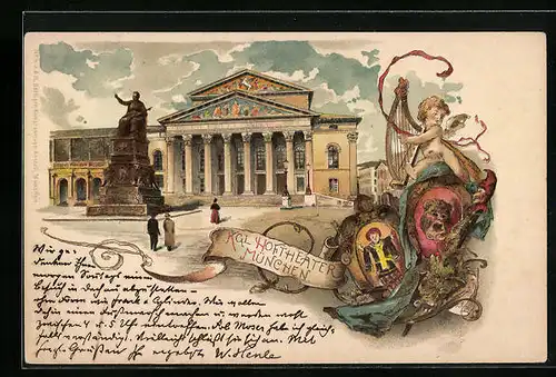 Lithographie München, Königliches Hoftheater mit Denkmal