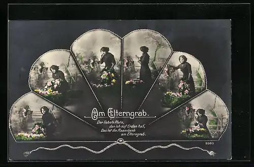 AK Trauernde Dame am Elterngrab