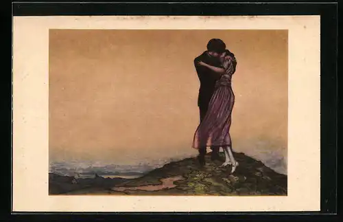Künstler-AK Sich küssendes Liebespaar in Abenstimmung, Art Deco
