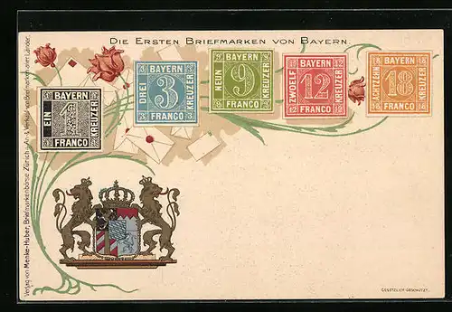 Künstler-AK Die ersten Briefmarken von Bayern mit Wappen