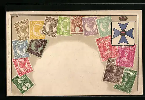 Künstler-AK Briefmarken Queensland mit Wappen